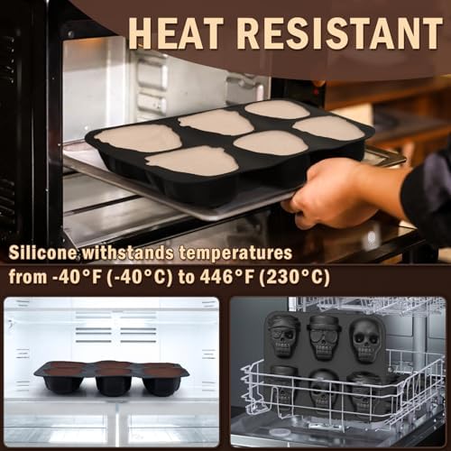 HKNMTT Halloween Silicone Molds for Baking Extra large, 6 Cavities 3D Skull Cake Pizza Soap Pan Molds, Nonstick Halloween Skeleton Mold for Ice Cupcake