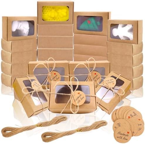 BZIDII 35Pcs Soap Boxes for Homemade Soap and tags,3.54 X 2.36 X 1.18 Inch Soap Boxes with Window,Bar Soap Packaging Kraft Box Supplies（Brown）