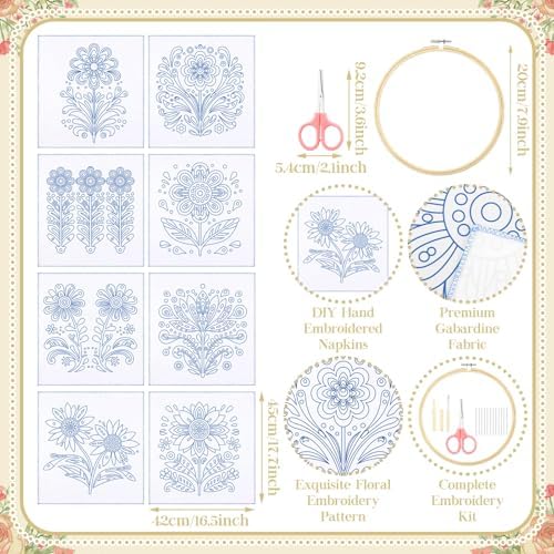 Tioncy 8 Sets Mexican Embroidery Napkins Kit 17.7 x 16.5 Inch Servilletas Para Bordar a Mano Including Mexican Napkin Bamboo Hoop Color Threads and Needles for Beginner Adult DIY Hand Craft Lover Gift
