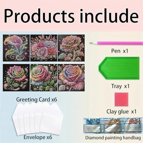 Diamond Art Cards with Envelopes–6PCS DIY Diamond Painting Greeting Cards Kit | Card Making Kit with Bling for Adults & Beginners | Birthday,Holiday & Thank You Cards (Rose Flower)