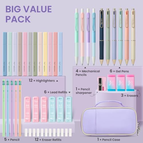 Taja Cute Pencil Case With School Supplies, 39 PCS, Stationery Set, Lilac