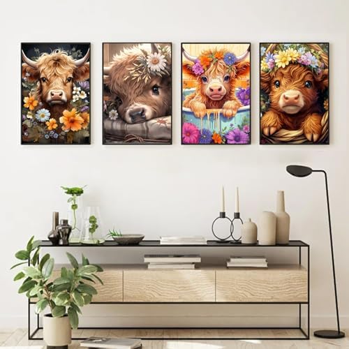 4 Pack Highland Cow Framed Paint by Numbers Kit for Adults, 10x12 inch