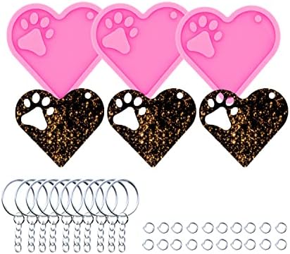 3pc Shiny Heart with Paw Cutout Resin Silicone Molds, Keychain Mould Crafts Epoxy Resin Art DIY with 10PC Key Ring(DY0404+DY0404+DY0404)