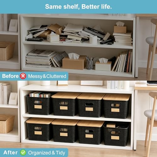 Bagnizer 2 Pack Tall Plastic Storage Bins with Bamboo Lids, 10.8qt Stackable Storages Baskets for Organizing Desktop Closet Playroom Classroom Office, 12"L x 8.3"W x 6.1"H, Black