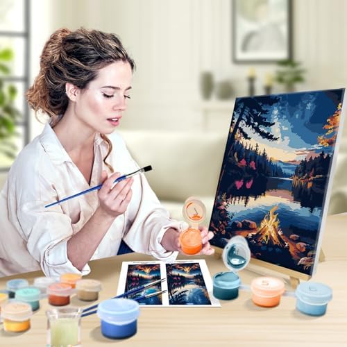 JOOZ Paint by Numbers Kit for Adults with Frame, Lake Landscape Paint by Number with Easel, DIY Sunset Landscape Acrylic Oil Painting Kit for Home Wall Decor 8x12 Inch