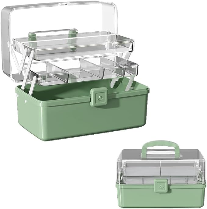 Large 3-Layer Craft Storage Box with Handle, Green