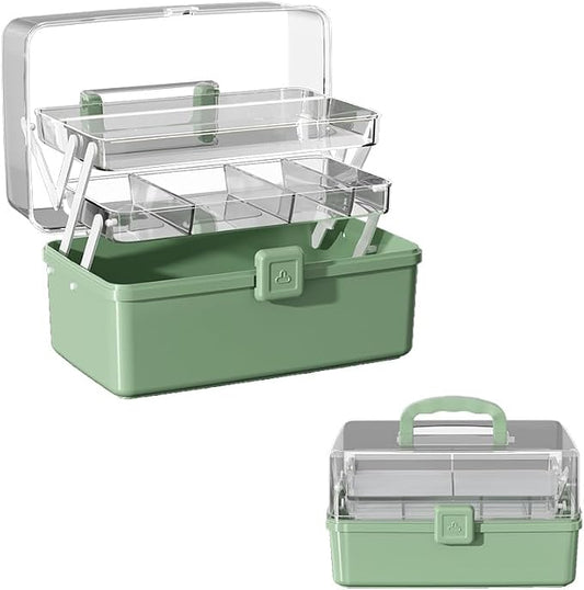 Large 3-Layer Craft Storage Box with Handle, Green