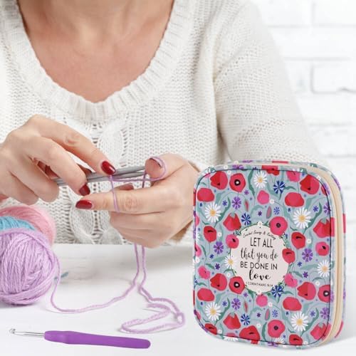 Crochet Hook Case,Portable Zipper Storage Organizer Bag for Crochet Hooks, Knitting Needles, Project & Sewing Supplies, Lightweight,Easy to Hold (No Accessories Included).Green Cartoon Flower