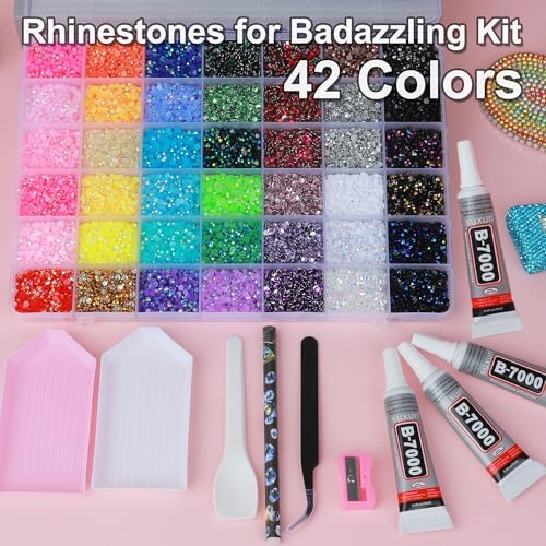 59000 PCS 42 Colors Rhinestones for Bedazzling 3mm Multicolor Resin Jelly Flatback Gems with 4 Pcs B7000 Jewelry Glue & Tools, Bedazzler Kit for DIY Crafts Book Makeup Shoes Gifts Decor