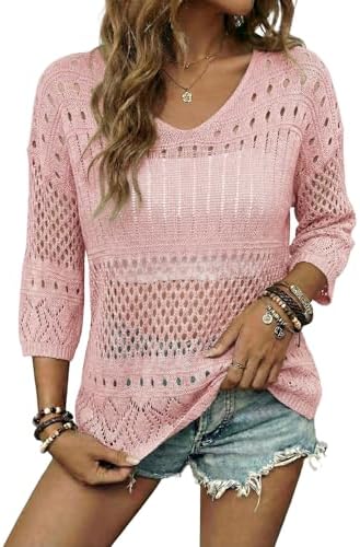 EVALESS Crochet Tops for Women Hollow Out Knit Sweaters