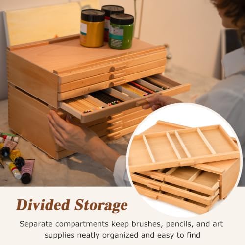 DJAR 4-Drawer Beech Wood Art Supply Storage Box with Dividers, Natural