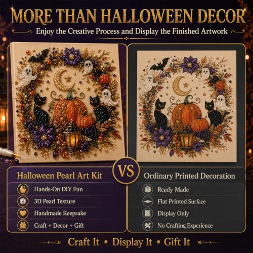 Halloween Pearl Art Kit for Adults 3D Diamond Painting DIY Craft Bead Mosaic with Ghost Pumpkin Witch Raven Skull Cow Design Options for Spooky Seasonal Home Decor and Creative Holiday Activity