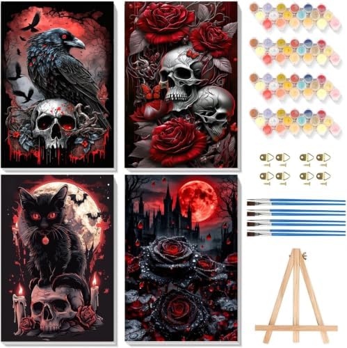 4 Pack Halloween Paint by Numbers Kit for Adults Beginner with Framed