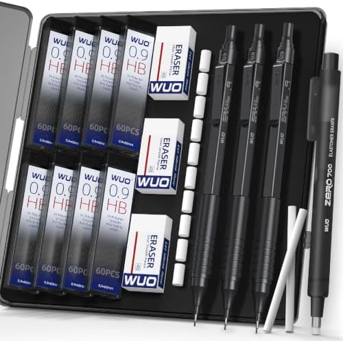 WUO 0.9mm Mechanical Pencil Set, 3 Pack Black Metal Drafting Pencils