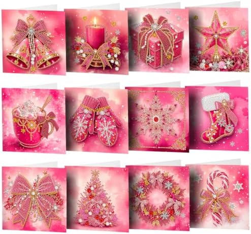 POETRYDRAW DIY Diamond Art Painting Greeting Card Kit, Creative Craft Set for Card Making，Pink Christmas
