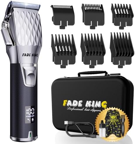 FADEKING Professional Hair Clippers for Men, Cordless Barber Clippers with LED Display, Rechargeable Hair Cutting Kit for Fade & Taper, Fathers Day Gift for Dad Men Husband (Silver+Black)