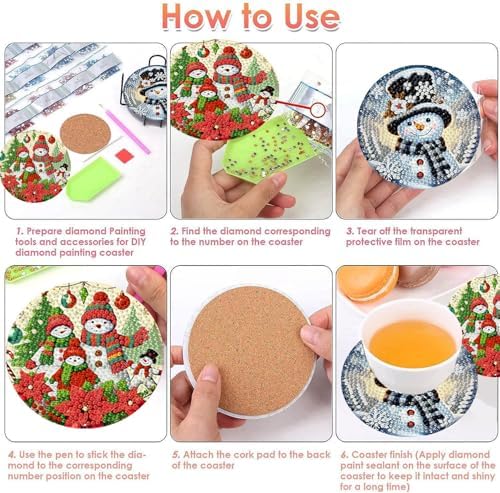 ijbnhd 8 PCS Christmas Diamond Art Coasters Christmas Snowman 4x4 inch