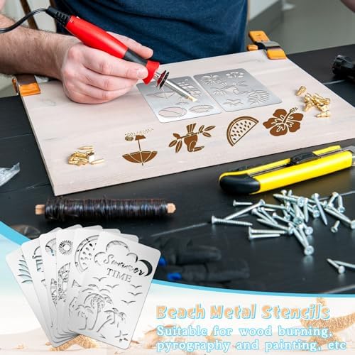 Lewtemi 6 Pcs Metal Wood Burning Stencils, Summer Style Letters Numbers