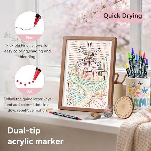 Adult Coloring Book Set:3 PCS Dot Coloring Books for Adults with 90 Patterns and 12PCS Acrylic Markers,Dot Art for Adults to Relax and Relieve Anxiety Gifts-(Animal & Flowers Plant & Countryside)