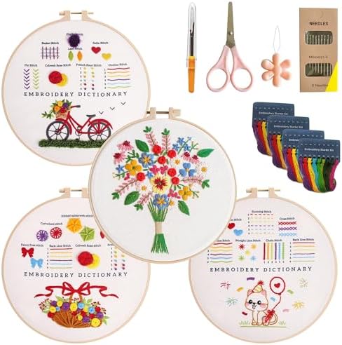 CornerLife 4 Pack Embroidery Kit for Beginners Adults, Hand Embroidery Kits with Pre-Stamped Floral Patterns and Instructions, Adjustable Hoop, Needlepoint Starter Kit DIY Art Crafts Gift (Flower A)