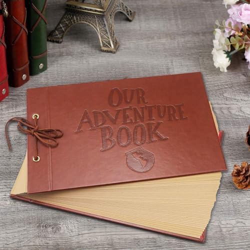 Adventure Book Handcrafted 11.92 x 7.62" Leather-Bound Scrapbook with 80 Pages, Embossed Lettering, Inspired by 'Up', Ideal for Photos, Weddings&Travel Memories Gift Box Included (Leather Scrapbook)