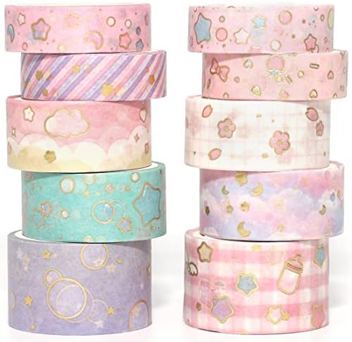 Creative Washi Tape Set 10 Rolls Gold Foil Print Decorative Masking Tapes for Arts, DIY Crafts, Journals, Planners, Scrapbook, Wrapping (Cute Sweety)