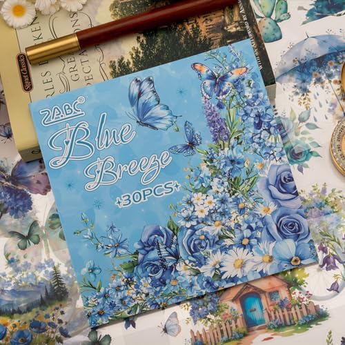 Blue Butterfly Garden Theme Sticker Scrapbooking Supplies for Junk Journal, 30 Sheets PET Stickers - Vintage Journaling Stickers, Ephemera Sticker Book Pre Cut(TZ-005-002)