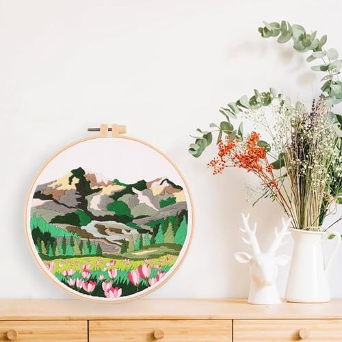 Harimau Adult Beginner Embroidery Starter Kit Natural Landscape Patterns, Complete Set with 4 Patterns, 2 Hoops, Needles, Scissors, Instruction Guide & Stitching Video Tutorials
