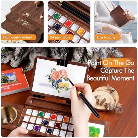 Fuumuui Travel Watercolor Palette 24 Grids Foldable with 2pcs Sable Travel Watercolor Brushes, Portable Walnut Wood Palette Box for Plein Air Painting