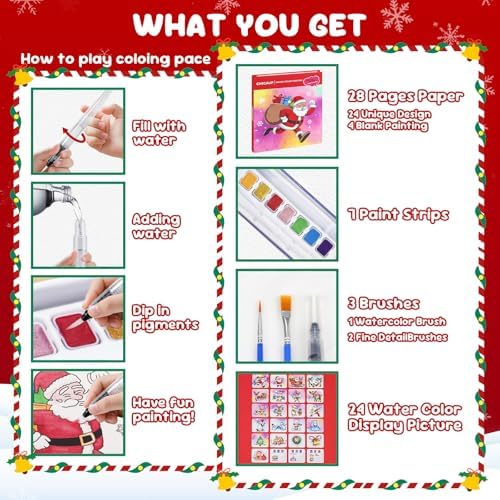 CHICAUP Christmas Paint with Water Coloring Books for Kids, Xmas Season Watercolor Painting Kit Painting Activity for Kids Ages 3-5 4-8, Mess Free Arts Crafts Drawing Gift Toy for Boy Girl