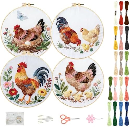 FREEBLOSS 4 Sets Embroidery Kit for Beginners Needlepoint Embroidery Starter Kit with Chicken Theme Stamped Patterns, Instructions, Colored Threads, 2 Hoops 11.6"/29.5cm