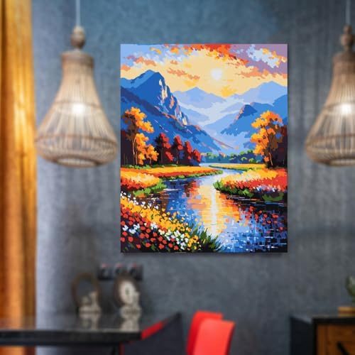 Lovepefe Scenery Paint by Numbers Kit for Adults Flowers Paint by Numbers Mountain Stream DIY Canvas Oil Painting for Gift Home Wall Decor 16x20 Inch