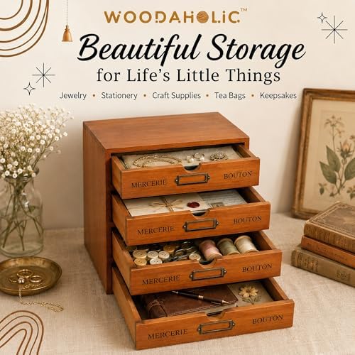 Modular Stackable Apothecary Cabinet 4 Drawer Desk Organizer - Retro Library Card Catalog Wood Storage Box - Organize Stationery, Thread Embroidery, Sewing, Crafts, Junk Drawer & Supplies Countertop