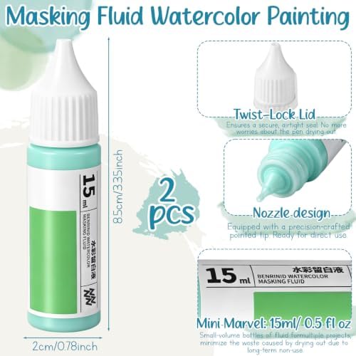 Feifeiya 2 Pcs Masking Fluid for Watercolor Painting, 15ml Capacity, Green