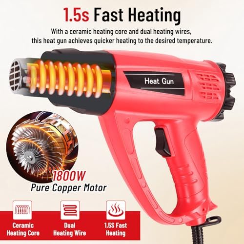 1800W Heat Gun for DIYers, Crafters & Electronics Repair – 140°F~1112°F Variable Temp, 1.5s Fast Heat, 5 Nozzles, 2 Scrapers, Overheat Protection, Hands-Free Stand | Shrink Tube, Resin, Vinyl Wrap