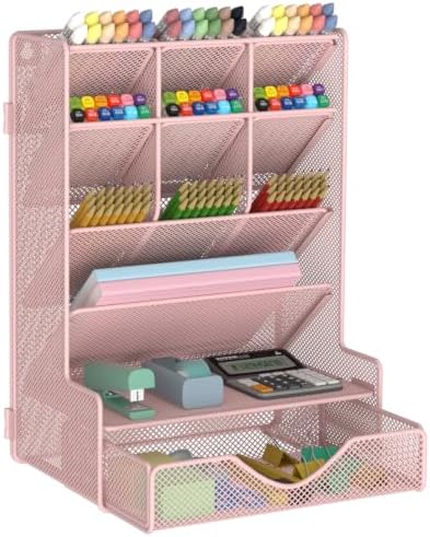 BOHDK Pen Organizer for Desk, Multi-Functional Desk Organizer, Wall Mount Pen Holder with Drawer for School, Office, Home, Art Supplies, Pink