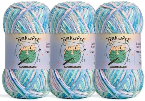 3 Pack of 300g (590yds) Fuzzy Chenille Yarn for Crocheting,Fluffy Amigurumi Crochet Yarn for DIY Craft/Hat/Clothes, Soft Velvet Baby Blanket Yarn（3 Candyfloss）