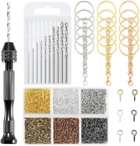 Hand Drill Set for Resin Crafts, Pin Vise Jewelry Making Kit with 10 Drill Bits, 600 Eye Screws, 15 Keychain Rings – Push Drill Tool for Epoxy, Molds, DIY Projects (Pin Vise Hand Drill Set - 1)