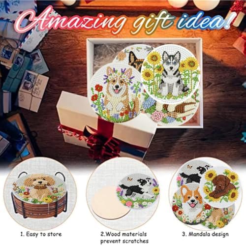 Zythron 8 Pack Diamond Art Coasters,Dog Flowers Diamond Painting Coasters