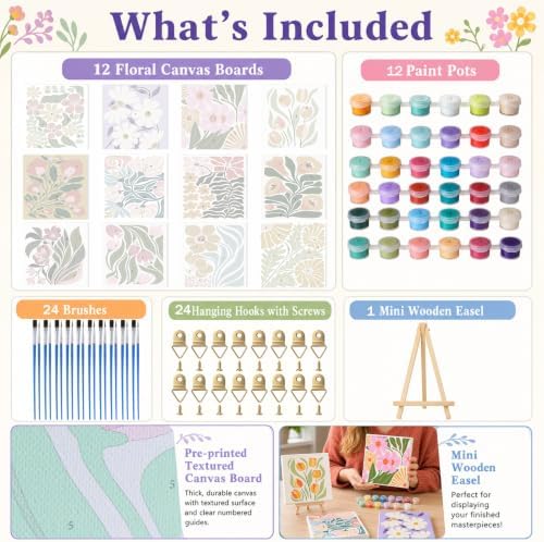 Patelai 12 Pack Easy Floral Paint by Number Kit for Adult Beginner, 8 x 8''