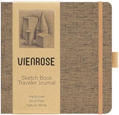 Vienrose 5.5"x5.5" Sketch Books, Linen Cover Sketching Book with Acid-Free Paper, 111lb/180gsm Drawing Pad for Kids, Beginners & Professionals, Art Supplies for Adults & Students(Brown, 60 Sheets)