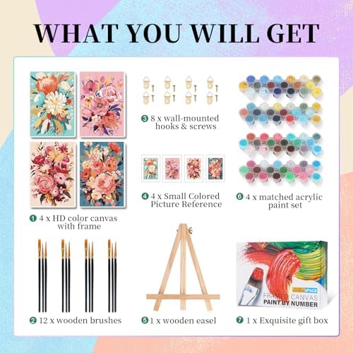 Camocin 4 Pack Framed Paint by Numbers Kit for Adults with Wooden Easel | Floral Bouquet Artwork, Pink Flowers Wall Decor, DIY Canvas Painting Set, Home Wall Decor, Beginner Friendly, 8x12 Inch
