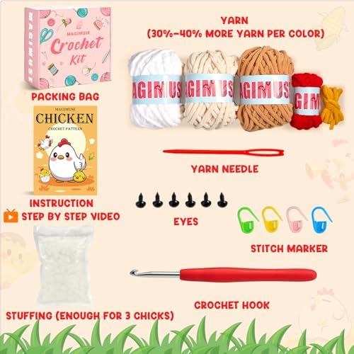 MAGIMUSE Crochet Kit for Beginners, 3 Pcs Chicken Crochet Craft Kit