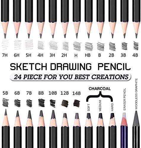 Sketching Pencil Set - 24 Pieces Drawing Sketch Pencil HB,B,2B,3B,4B,5B,6B,7B,8B,10B,12B,14B,H,2H,3H,4H,5H,6H,7H, Includes Charcoal, Eraser, Graphite Pencils for Beginners & Pro Artists