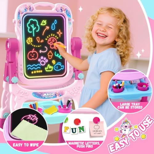 2-in-1 LED Drawing Board, Art Easel for Kids – Adjustable Double-Sided Rotatable Art Easel with Painting Accessories, Preschool Learning Toy for Girls Aged 3-5, Perfect Christmas, Birthday Gift (Pink)