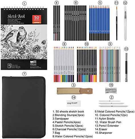 AGPTEK Drawing Pencils Set, 75-Piece Art Supplies Color Drawing Pencils Set Contains Sketch Pencils, Charcoal Pencils, Water Colored Pencils and Metal Colored Pencils for Kids, Adults and Artist