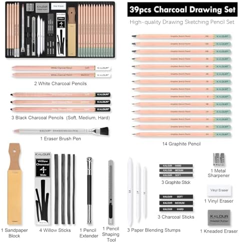 KALOUR PDAS 39pcs Drawing Pencil Set, Professional Sketching Kit with Graphite, Charcoal & Sketch Pencils for Drawing, Complete Drawing Kit for Artists & Beginners