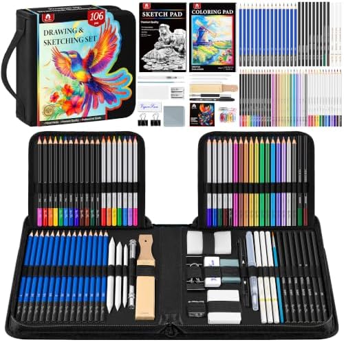 106 PCS Art Supplies Sketching Kit, Pro Drawing Pencils Art Kit Adults Gift