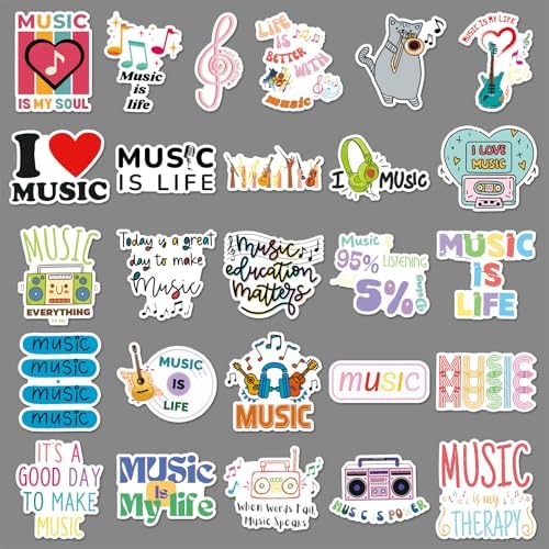 Love Music Inspirational Stickers for Adults, 50 PCS Music Lover Motivational Waterproof Vinyl Stickers, Decor Decals for Guitar Water Bottles Laptop Headphone Instruments Musical Note Scrapbooking