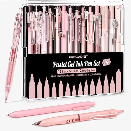 Four Candies Pink Pens, Black & Pink Ink, 0.5mm Fine Point, 2 Highlighters